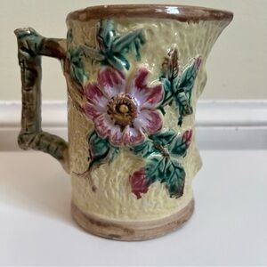 Antique Majolica Shorter & Boulton Rustic Wild Rose Tree Bark Pitcher Jug